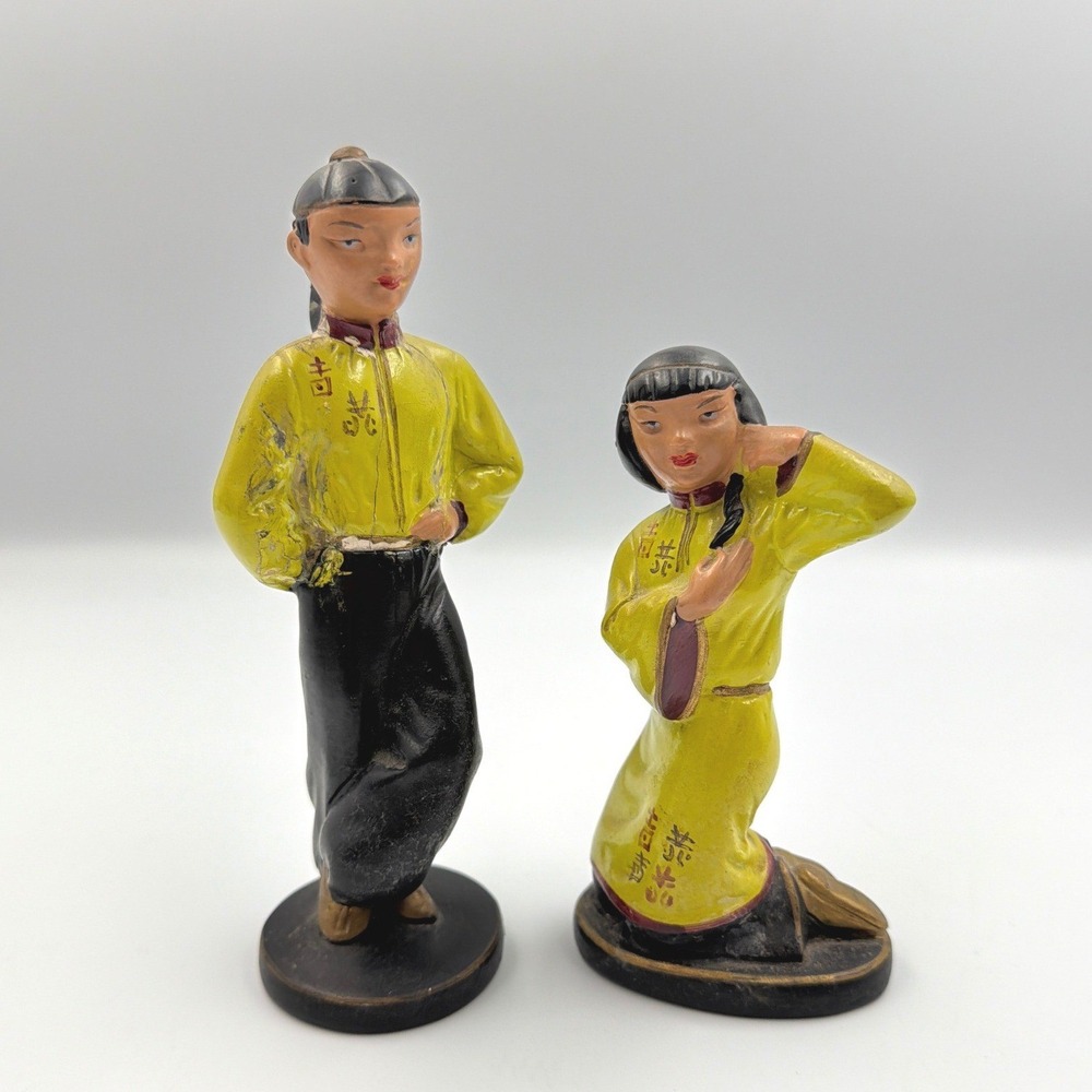 VTG ABCO Chalkware Asian Figurines Pair Hand Painted Alexander Backer **PLZ Read